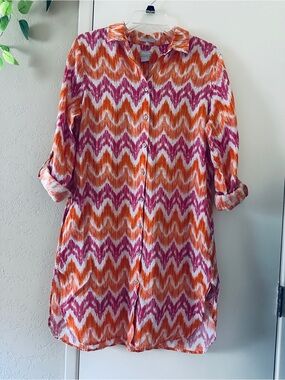 Chico's Button-Down Shirt Dress- size 10 Vibrant Orange & Pink Zigzag
